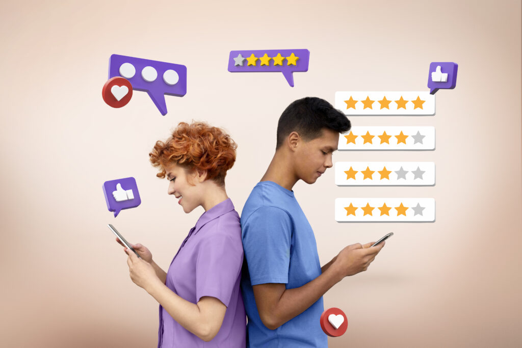 A man and woman giving ratings on their cell phone