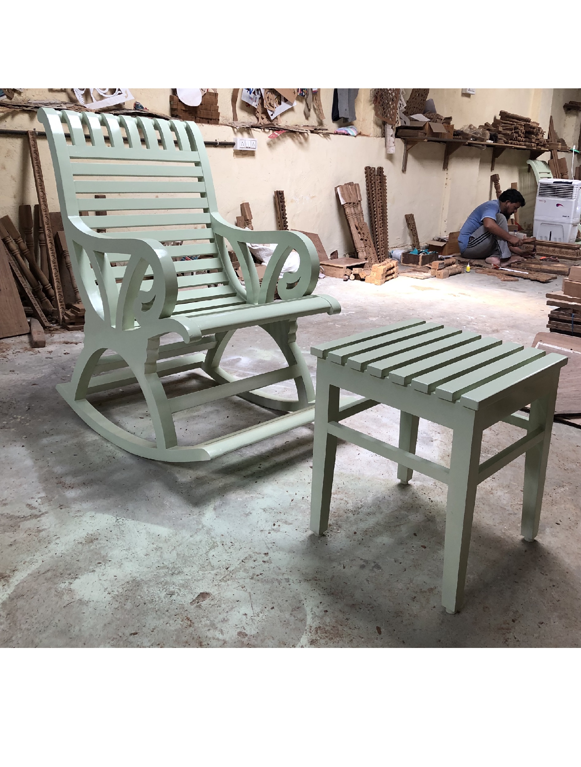 Teakwood Rocking Chair With Foot Rest Superior Greenish White.
