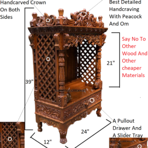 B Peacock Crown teakwood mandir,home temple,pooja ghar.Length 24″