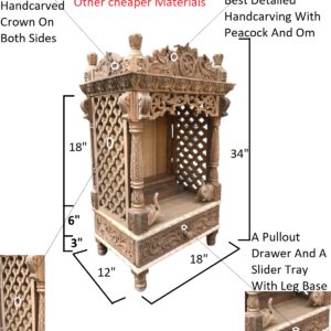 Peacock Crown teakwood mandir,home temple,pooja ghar.Length 18″ With 3″ Leg Base.