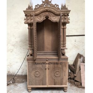 A Peacock Crown Door Jhalli Teak Wood Home Temple,mandir,Pooja Ghar.Length 36″ With Cabinet Storage.