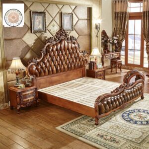 An Elegant European Designed Royal Handcarved Teakwood King Size Bed With Two Bed Side Tables And A Ottoman