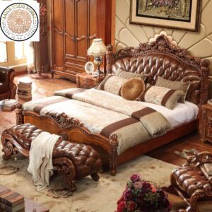 Oliver’s Twisted Poles Designed Royal Handcarved Teakwood King Size Bed With Two Bed Side Tables And A Ottoman