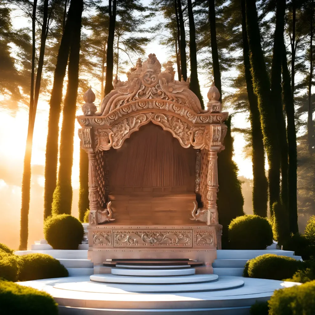 A peacock crown teakwood mandir kept on a circular white marble platform for the blog: mandir direction in home