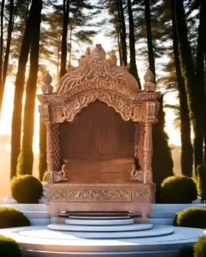 A peacock crown teakwood mandir kept on a circular white marble platform for the blog: mandir direction in home