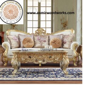 Antique Golden Italian Designed Handcarved Teakwood Sofa Set 3+2+1