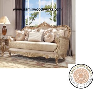 Champagne Italian Designed Handcarved Teakwood Sofa Set 3+2+1