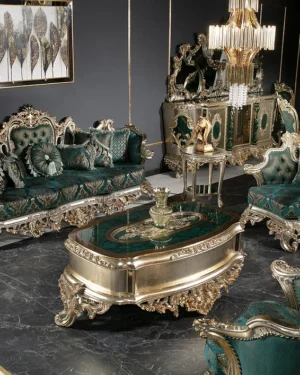 Emerald Majesty Hand-Carved Teakwood Sofa Set for Villas