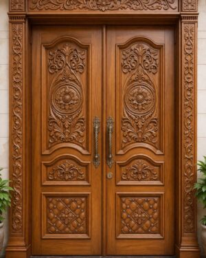 Handcrafted Double Door with Heritage Symbol Carvings