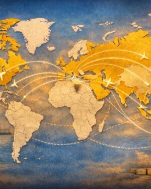 “Global export network concept showing international trade routes from India connecting to major destinations including USA, Canada, UK, Germany, UAE, Singapore, Australia, and New Zealand, with cargo ships, airplanes, and containers symbolizing worldwide delivery.