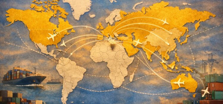 “Global export network concept showing international trade routes from India connecting to major destinations including USA, Canada, UK, Germany, UAE, Singapore, Australia, and New Zealand, with cargo ships, airplanes, and containers symbolizing worldwide delivery.