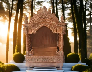 A peacock crown teakwood mandir kept on a circular white marble platform for the blog: mandir direction in home